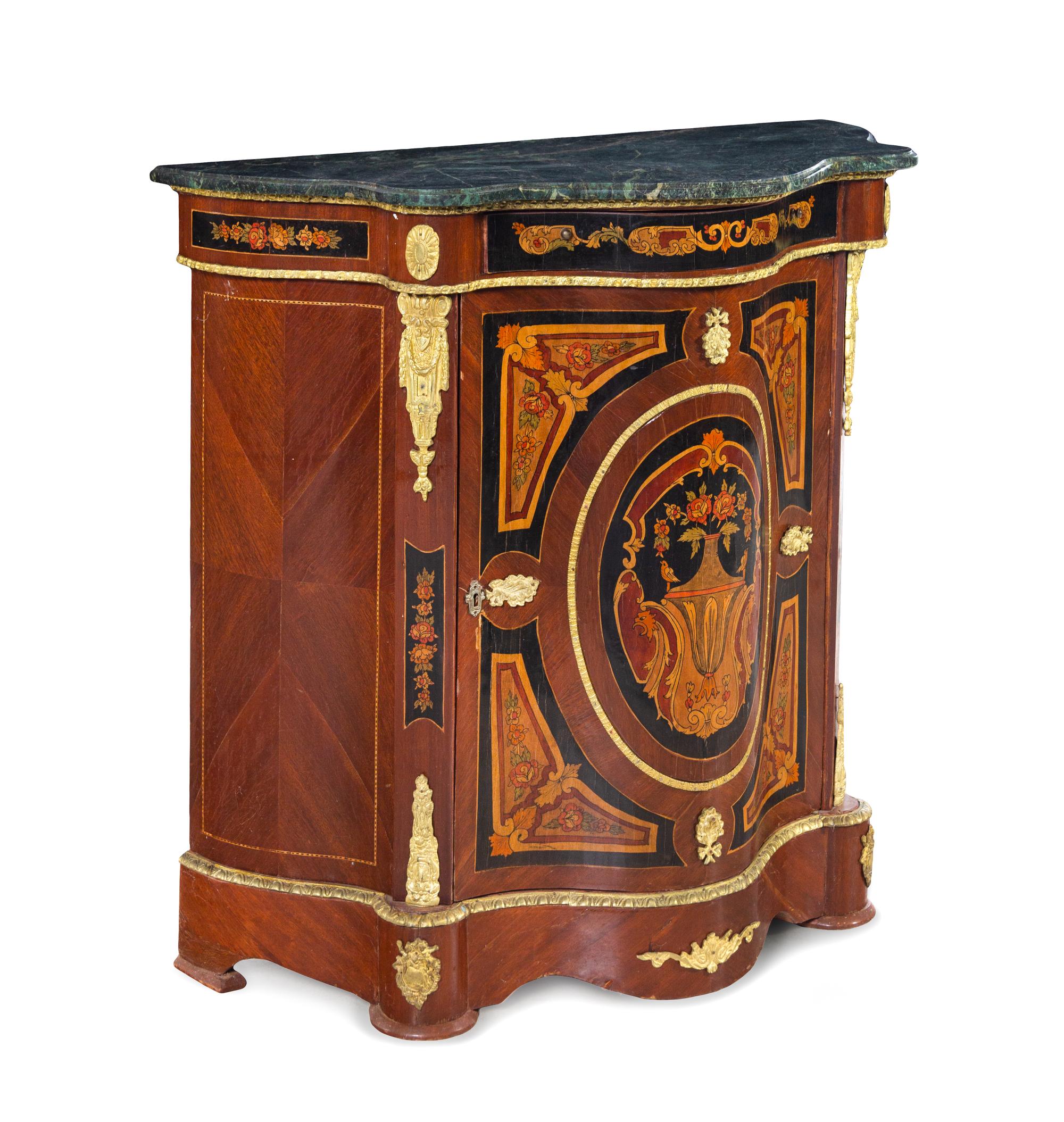A Napoleon III Style Marquetry Marble-Top Cabinet