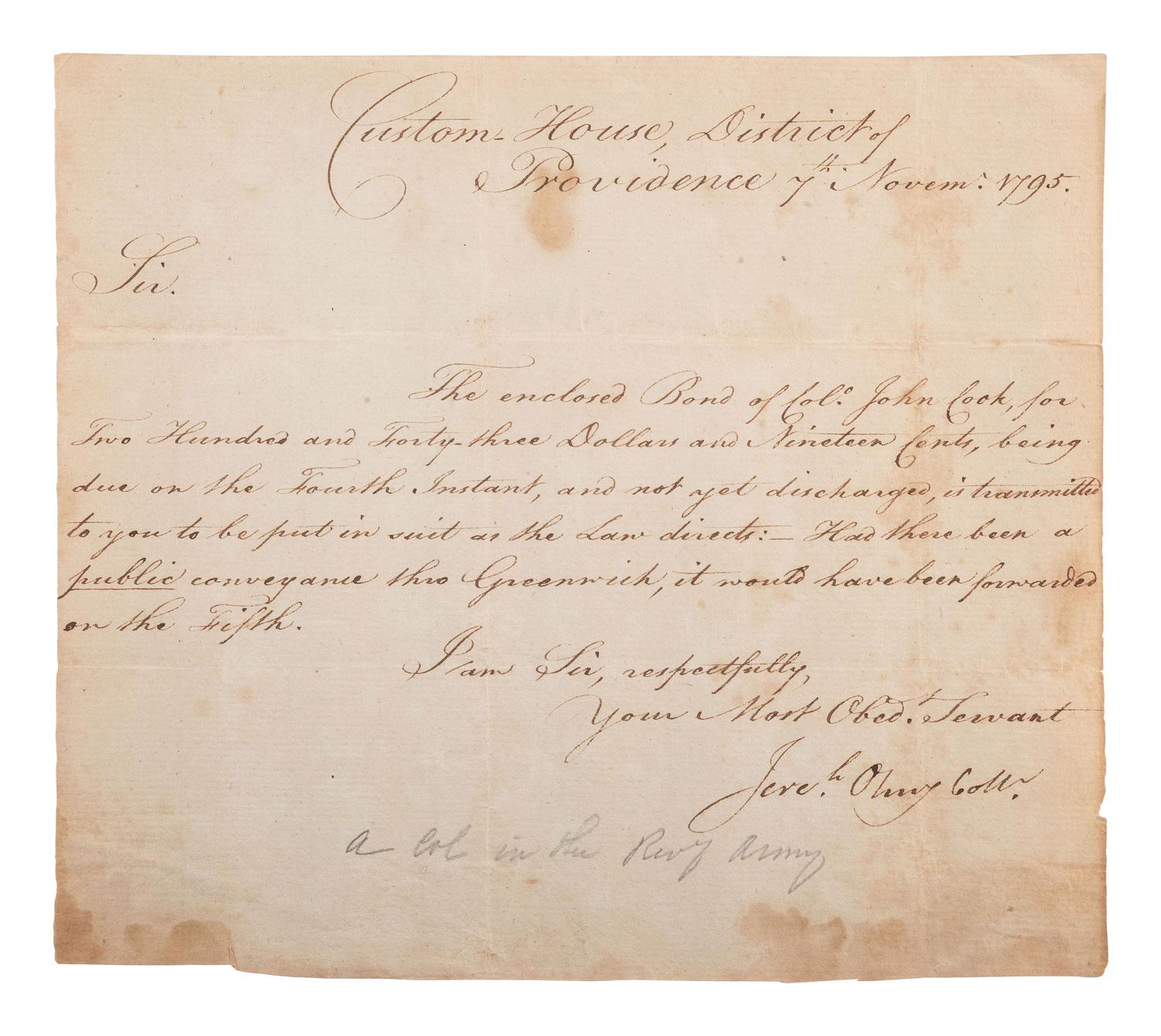 [REVOLUTIONARY WAR]. 3 documents, incl. signatures from Jonathan ARNOLD and Jeremiah OLNEY.