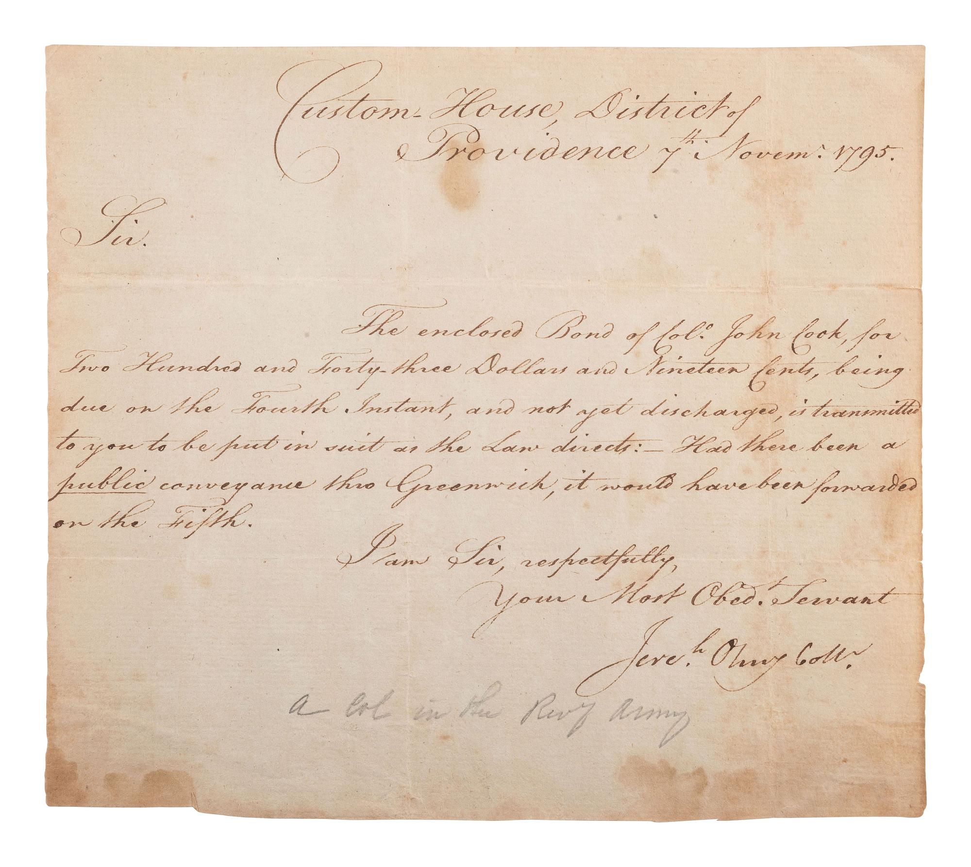 [REVOLUTIONARY WAR]. 3 documents, incl. signatures from Jonathan ARNOLD and Jeremiah OLNEY.