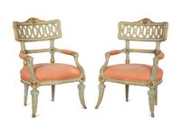 A Pair of Venetian Painted and Parcel Gilt Armchairs