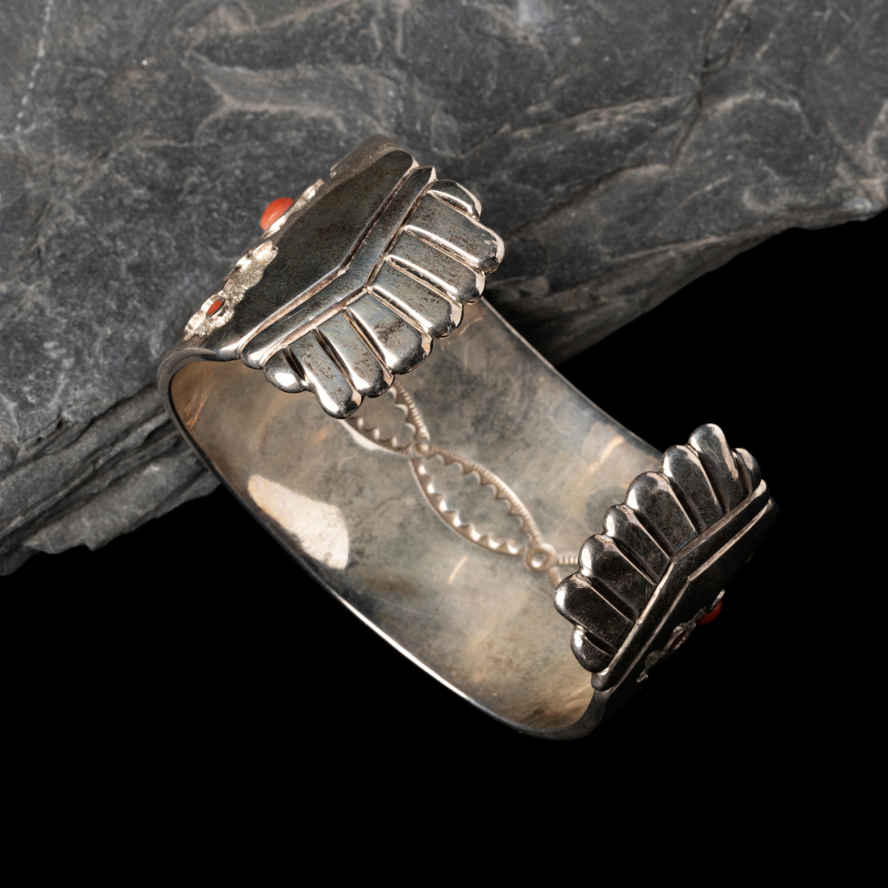 Michael Perry (Diné, b. 1972) — Sterling Silver and Coral Horse Cuff Bracelet