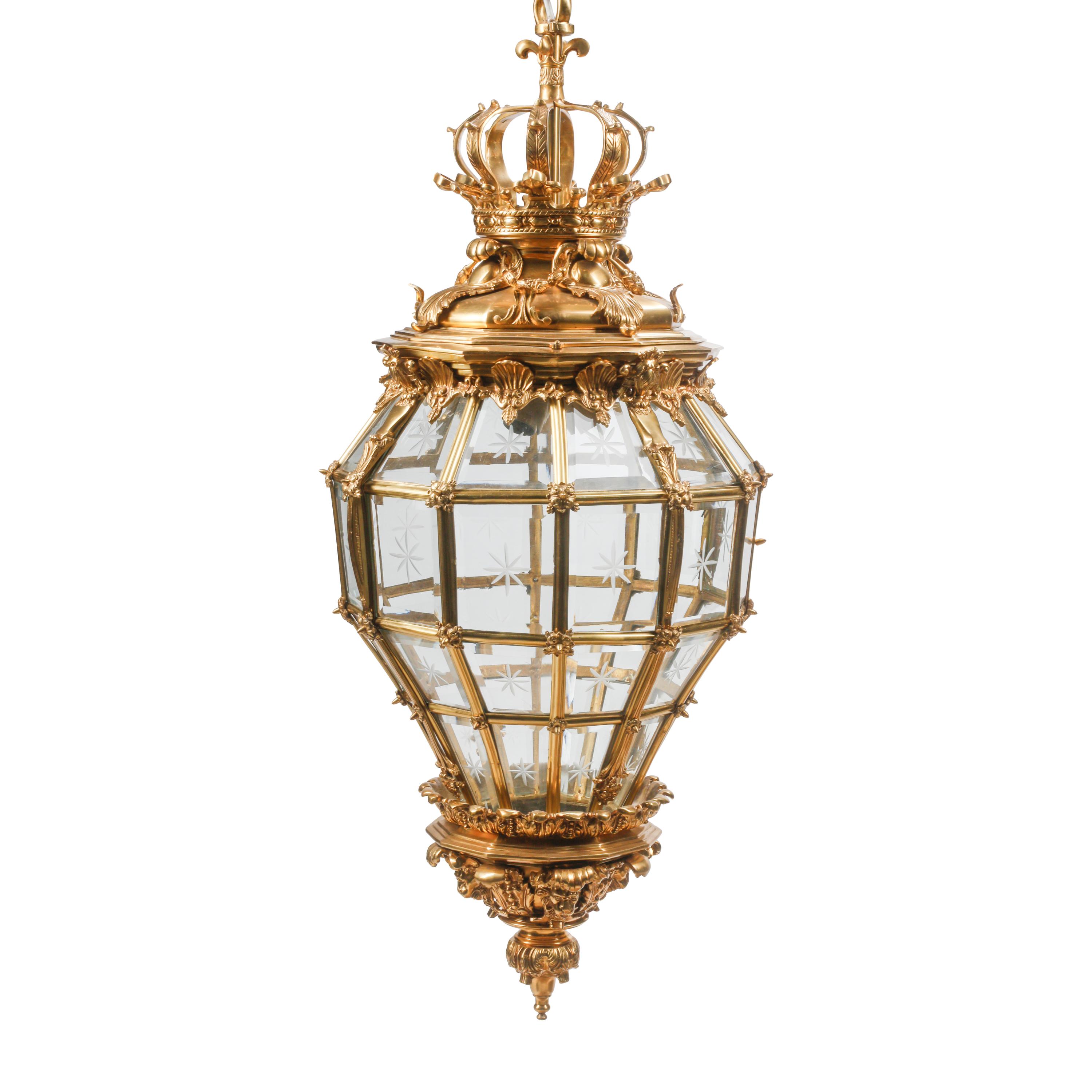 A Pair of French Neoclassical Style Gilt Bronze and Etched Glass Hall Lanterns