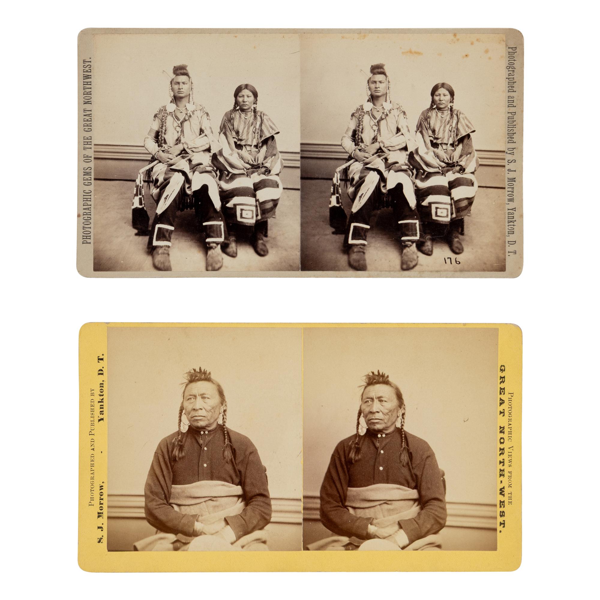 Stanley J. Morrow (American, 1843-1921) — Two Stereoviews of Crow Subjects, Including White Man Runs Him and Iron Bull
