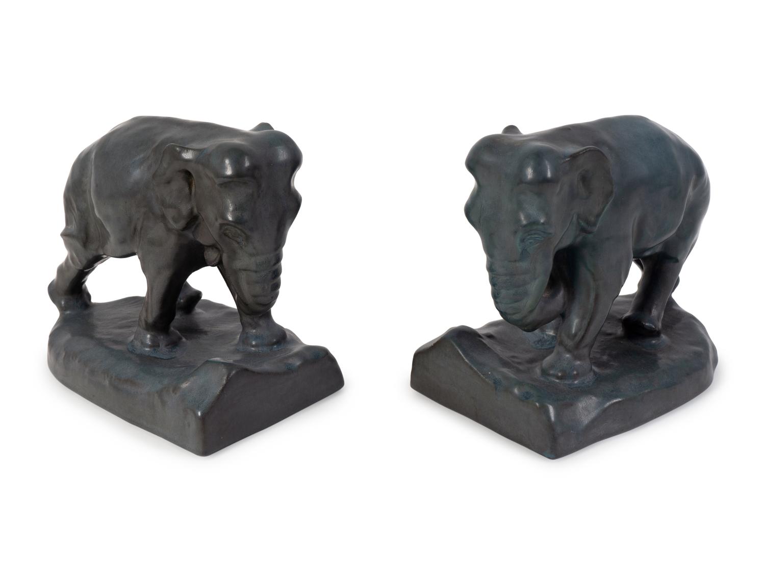 A Pair of Rookwood Green-Glazed Pottery Elephant Bookends — DATED 1923