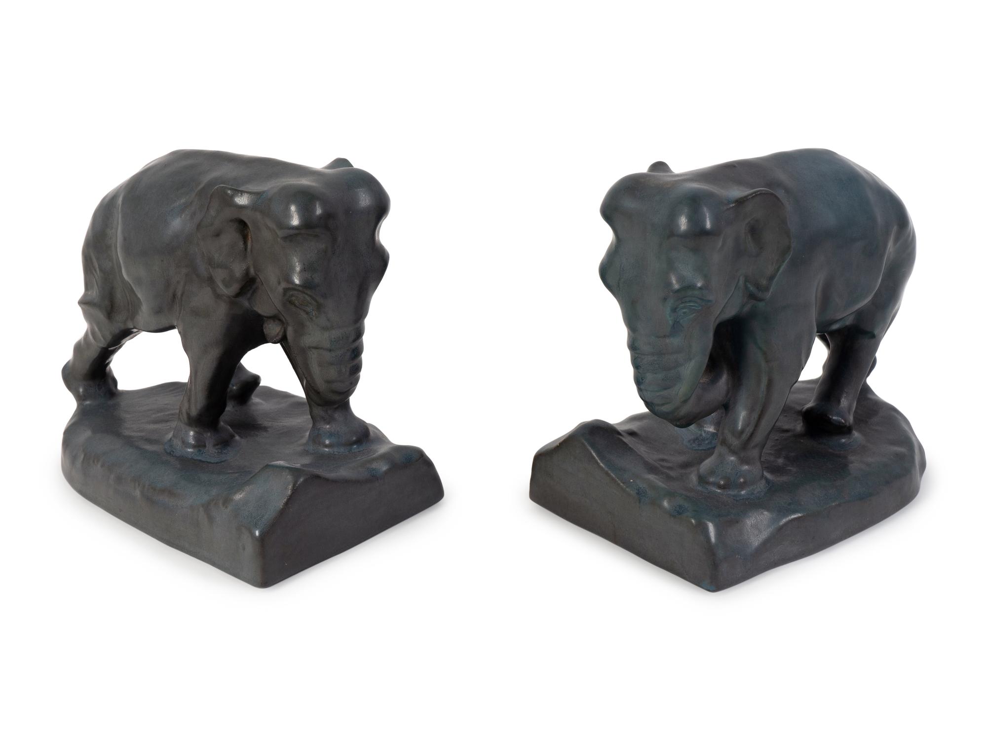 A Pair of Rookwood Green-Glazed Pottery Elephant Bookends — DATED 1923