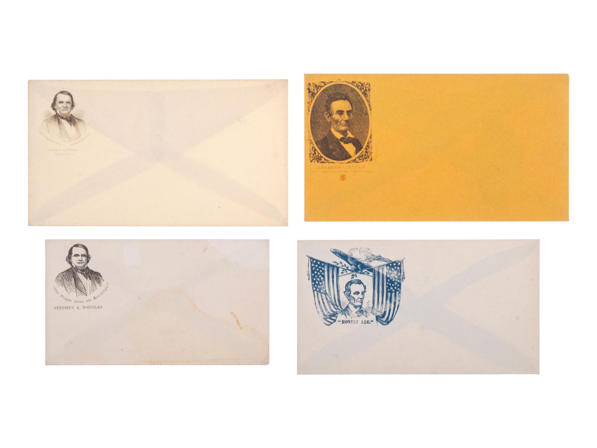 [POLITICS IN AMERICA -- 1860 ELECTION]. A group of 13 covers featuring Abraham LINCOLN, Stephen A. DOUGLAS, and John C. BELL, with embossed examples.