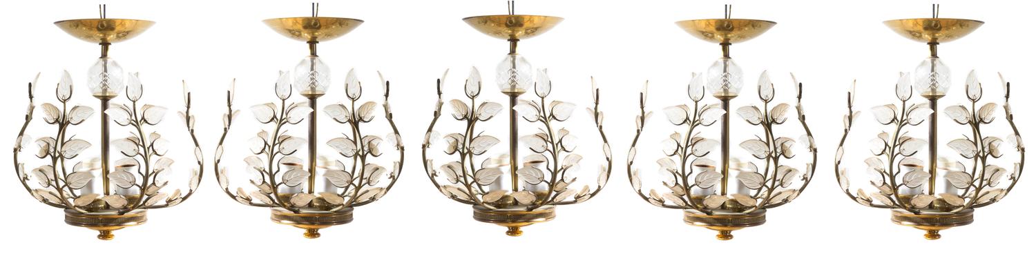 A Set of Five Gilt Metal and Molded Glass Lanterns Height 9 inches. — MANNER OF BAGUES, SECOND HALF 20TH CENTURY