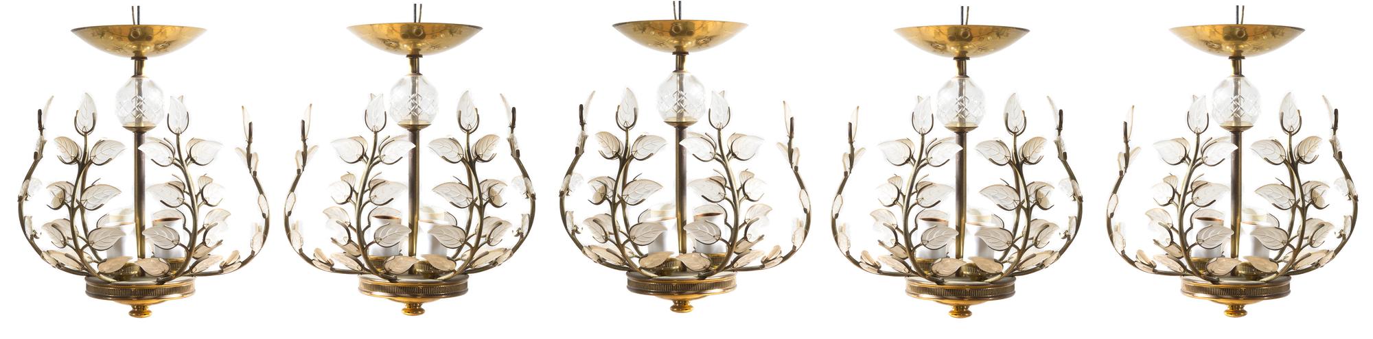 A Set of Five Gilt Metal and Molded Glass Lanterns Height 9 inches. — MANNER OF BAGUES, SECOND HALF 20TH CENTURY