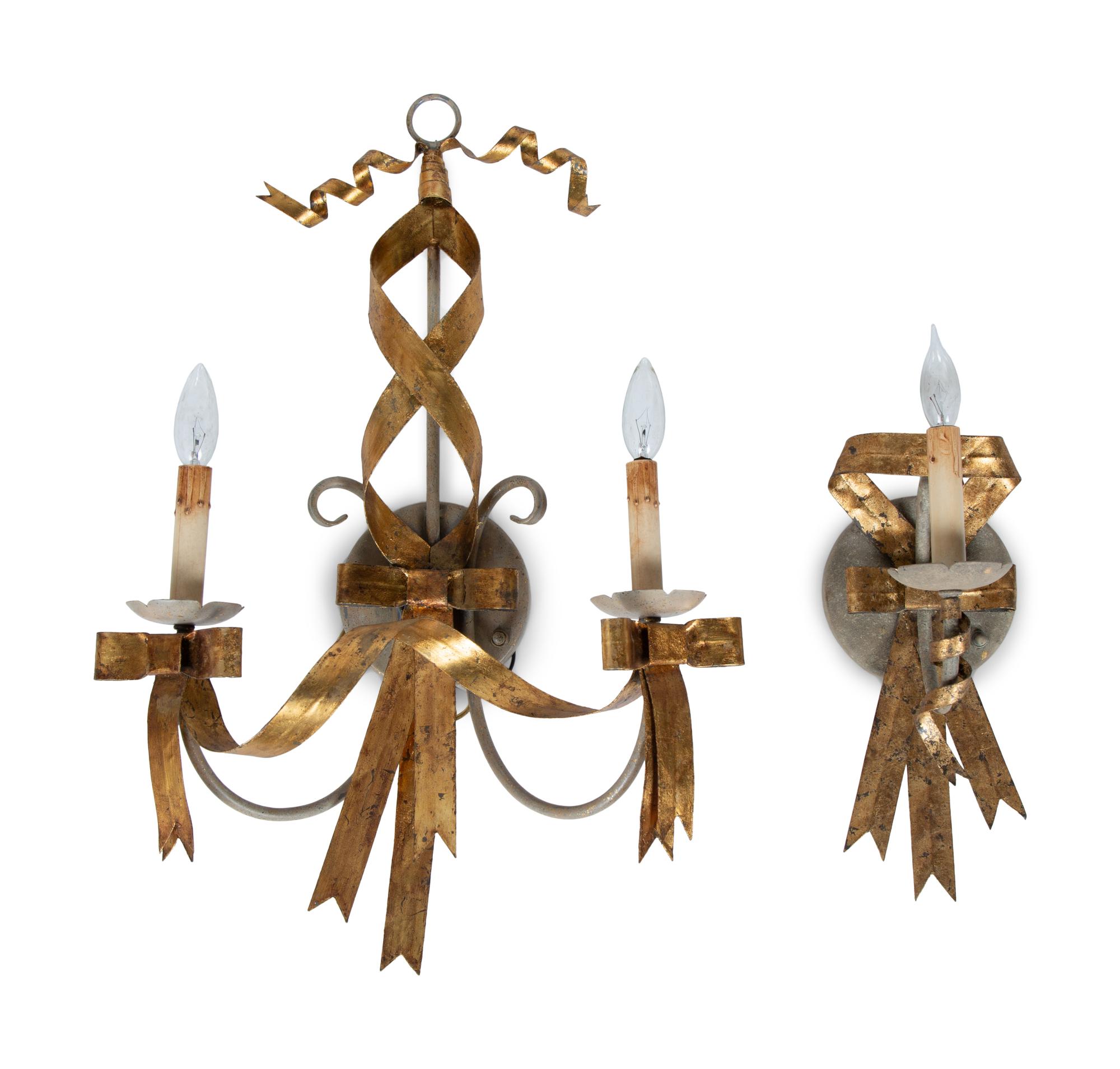 A Pair of Gilt Metal Two-Light Wall Sconces and Four Matching Single-light Sconces — 20TH CENTURY