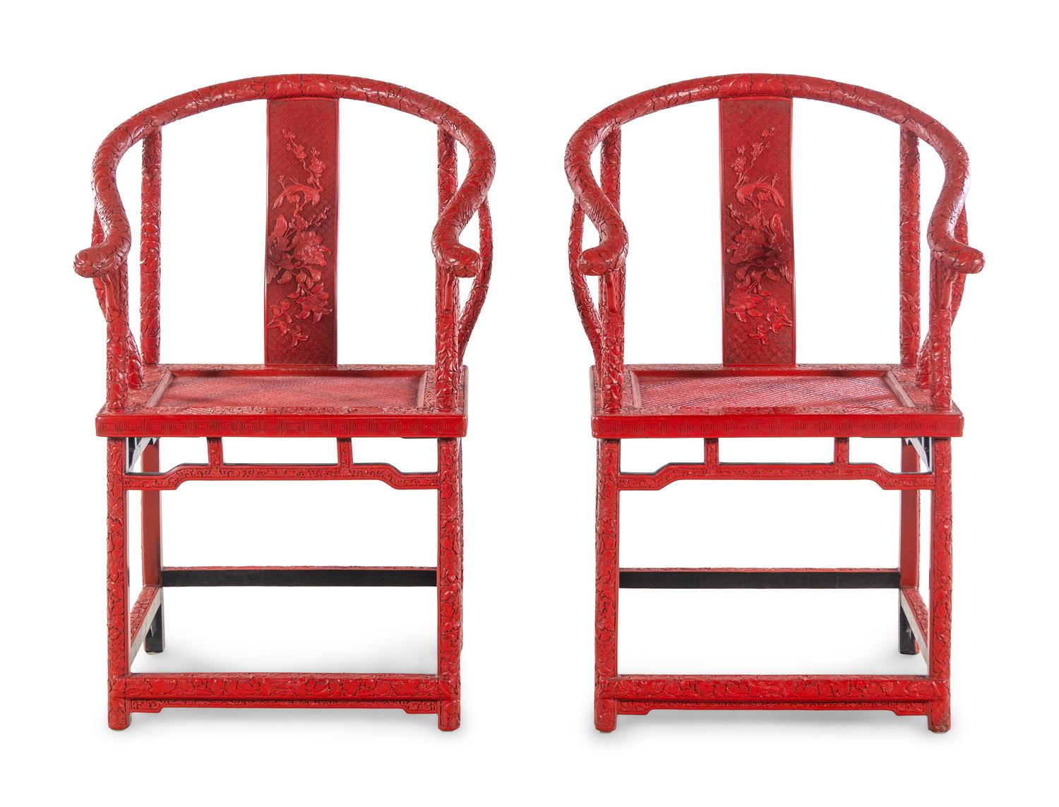A Pair of Chinese Export Carved Red Lacquer Armchairs