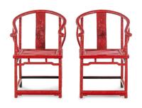 A Pair of Chinese Export Carved Red Lacquer Armchairs