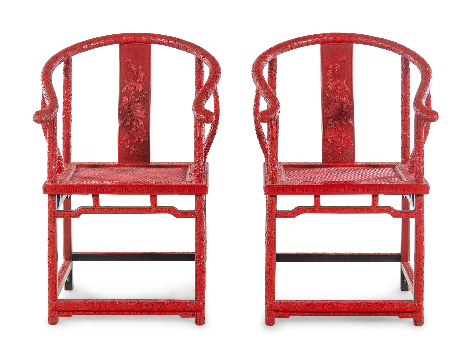 A Pair of Chinese Export Carved Red Lacquer Armchairs