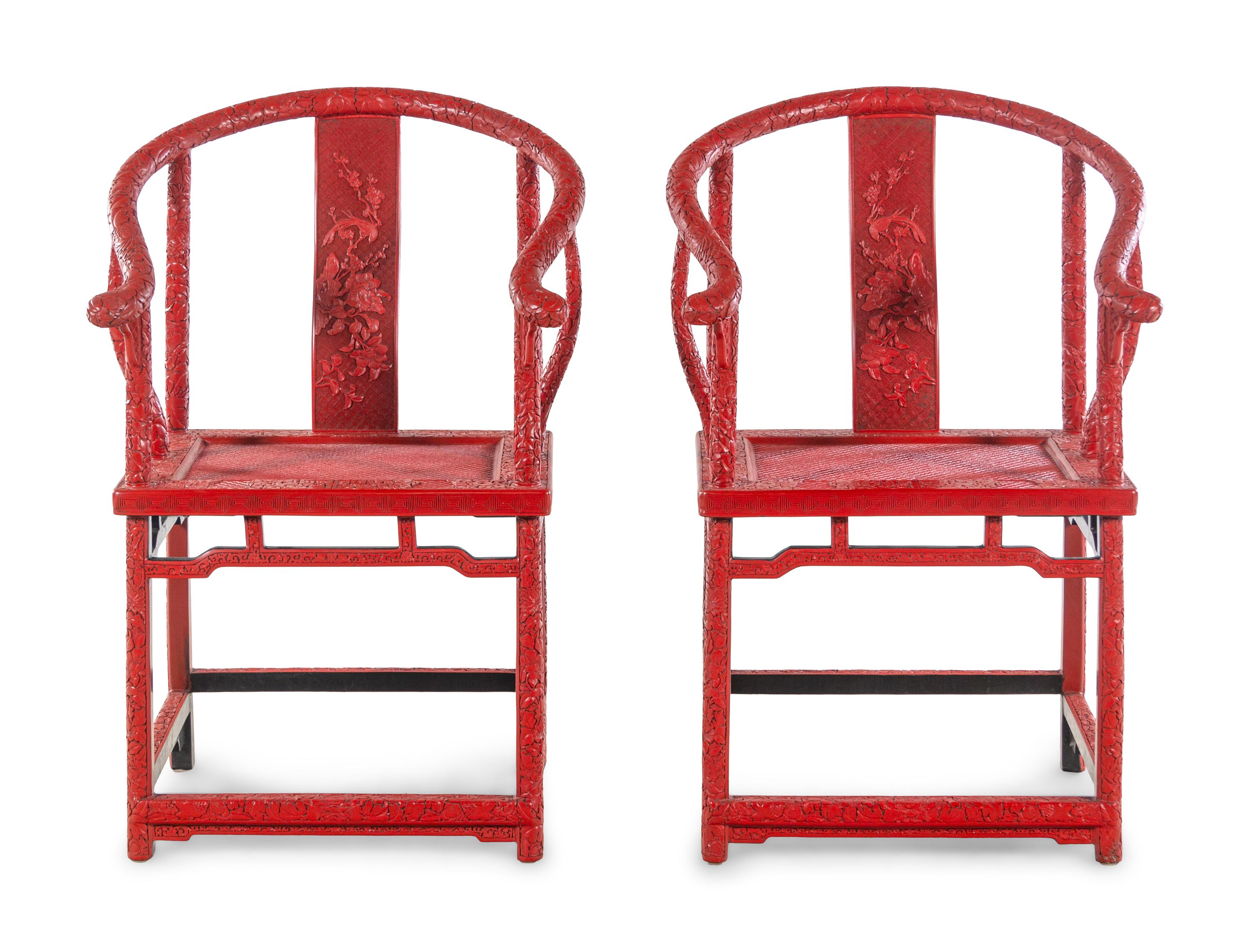 A Pair of Chinese Export Carved Red Lacquer Armchairs