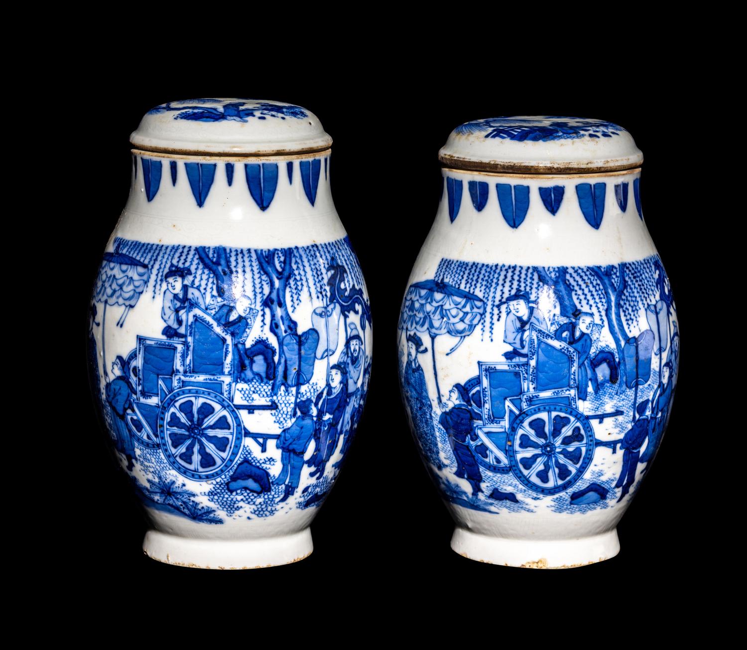 A Matched Pair of Chinese Blue and White Porcelain Covered Jars