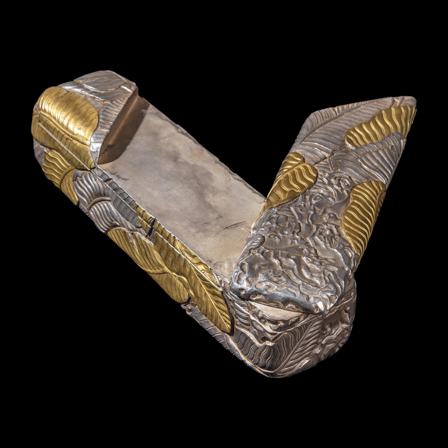 A Chinese Parcel-Gilt Silver Repoussé 'Plantain Leaves' Rectangular Scroll Box, Incised Qianlong Mark 清乾隆乙卯（1796）銀鎏金鏨蕉葉紋手卷機關盒