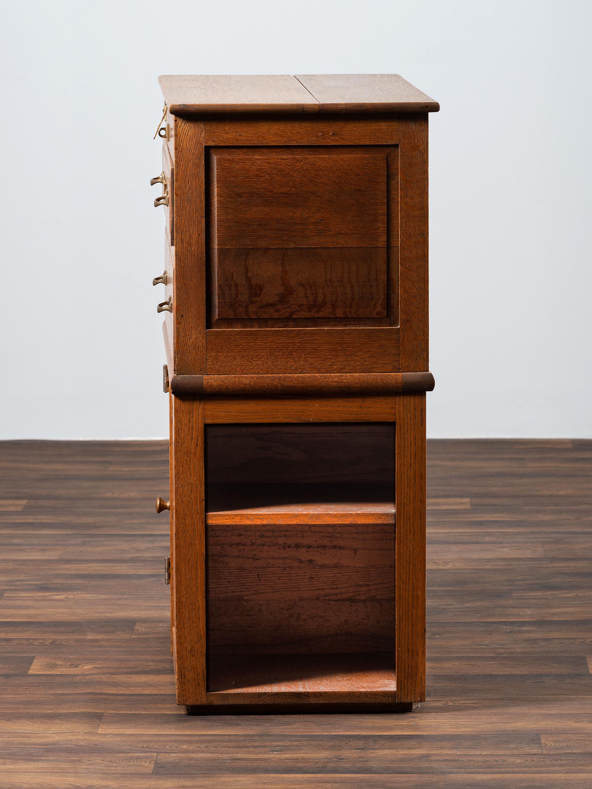 A Dental Student's Brass Mounted Oak Lift Top Cabinet