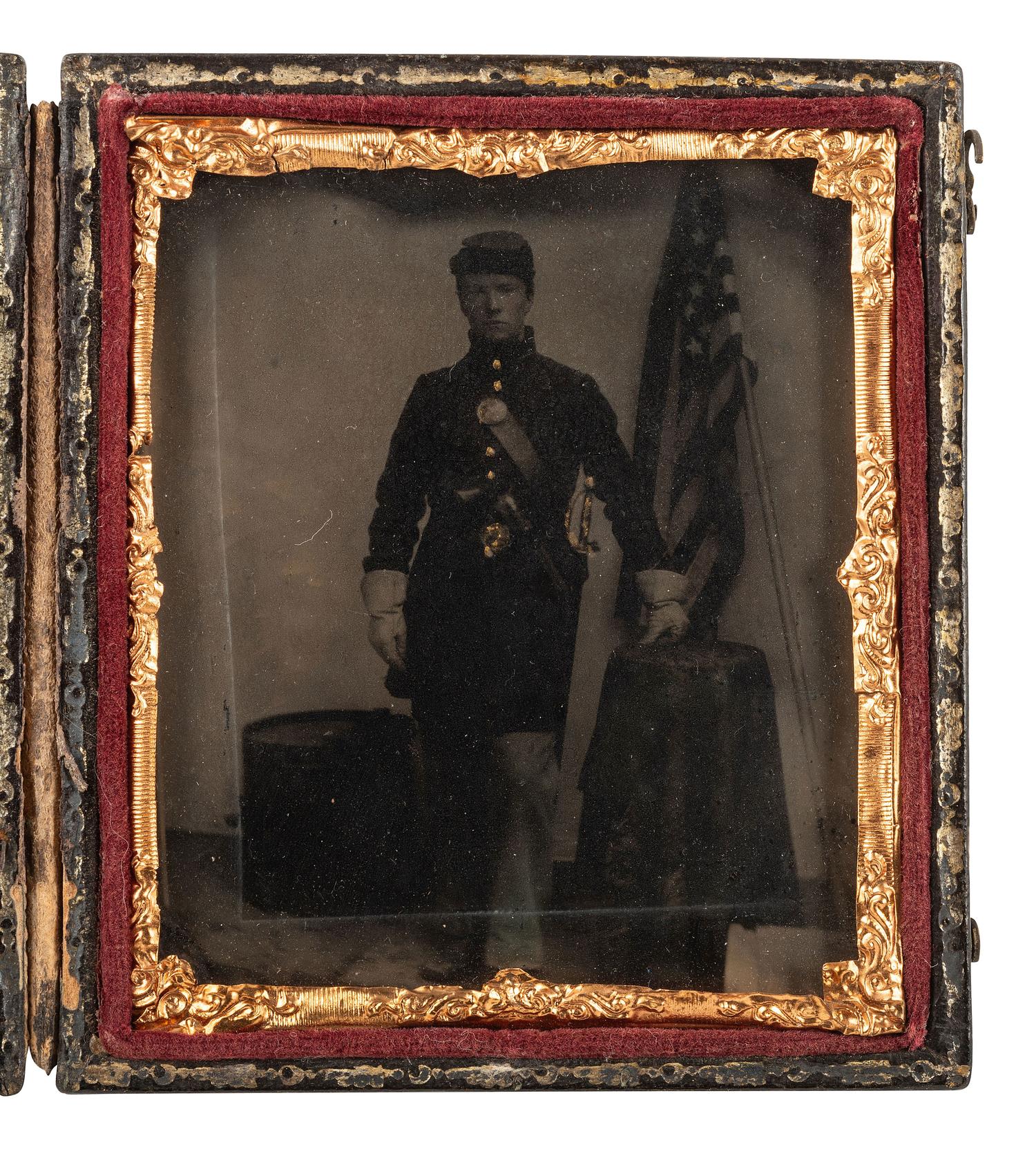 [CIVIL WAR]. 2 tintypes of soldiers, incl. possible musician with flag and drum in the background.
