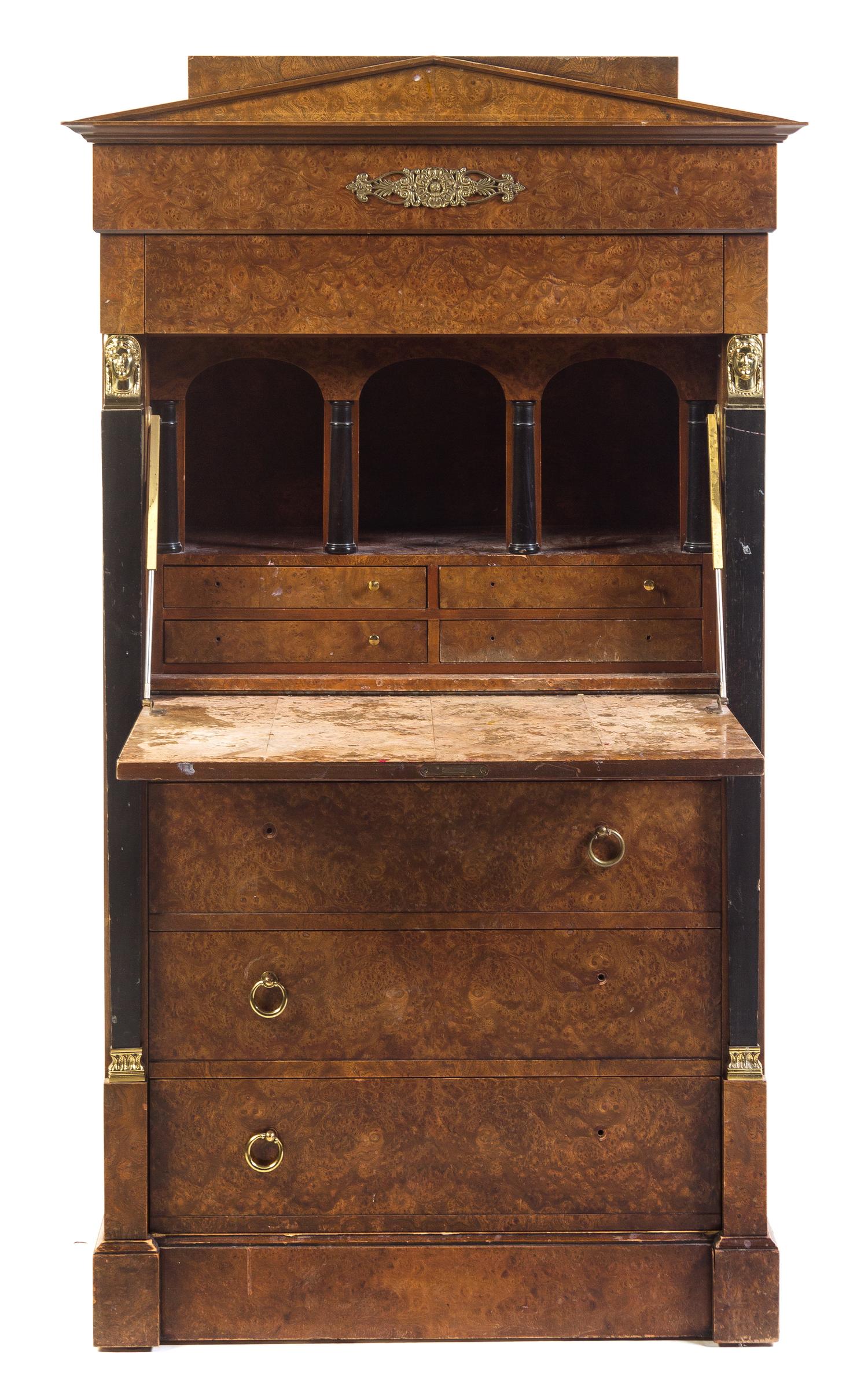 An Empire Style Gilt Metal Mounted Burlwood Secretaire a Abattant Height 58 x width 33 1/8 x depth 16 5/8 inches. — 20TH CENTURY