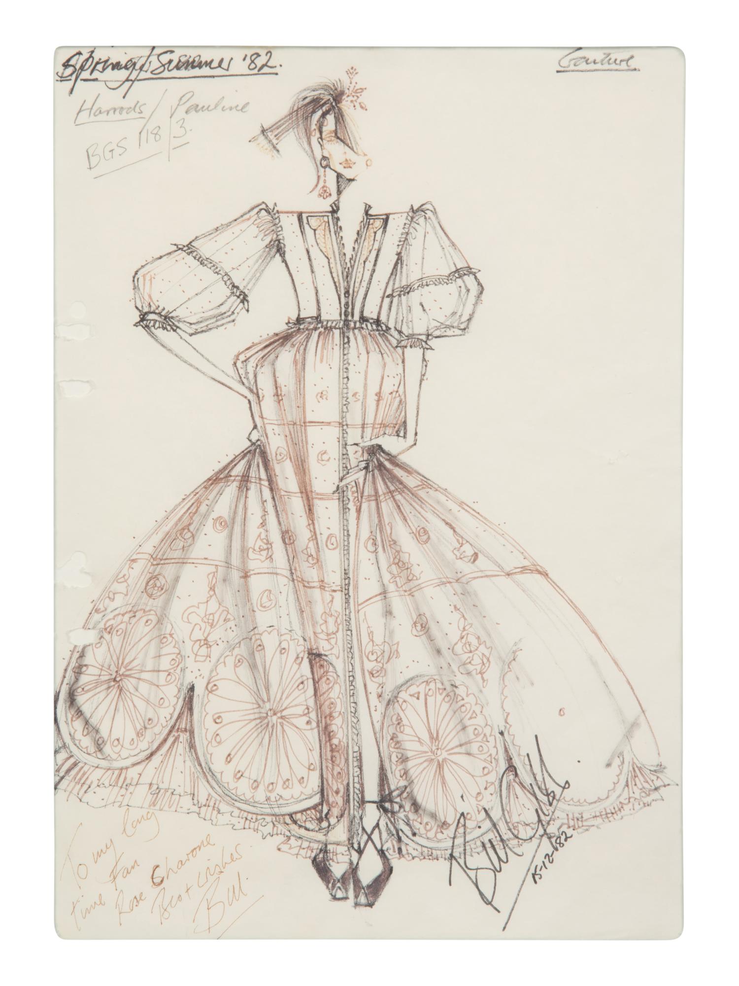 Framed Fashion Illustration by Bill Gibb, 1982