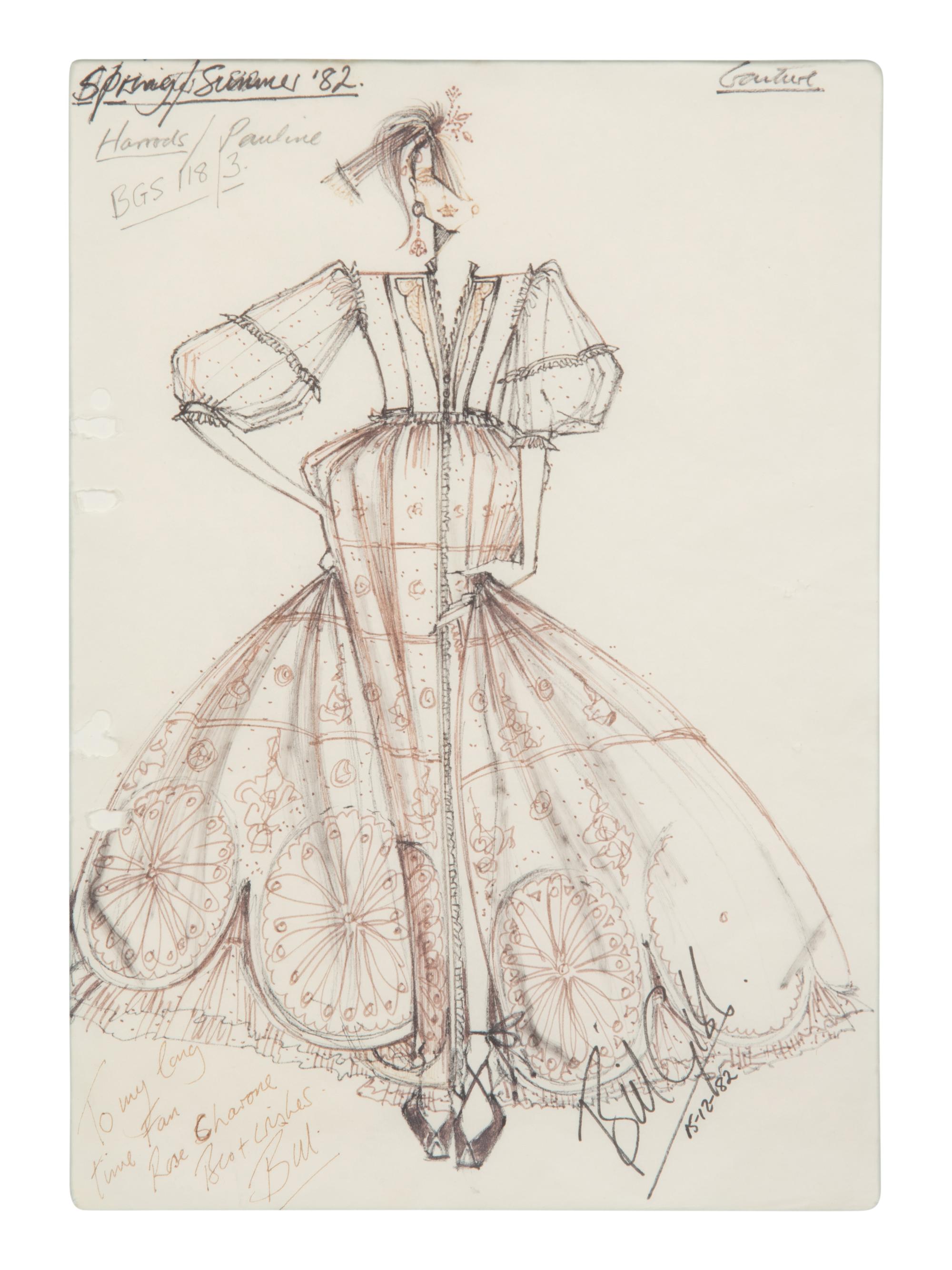 Framed Fashion Illustration by Bill Gibb, 1982