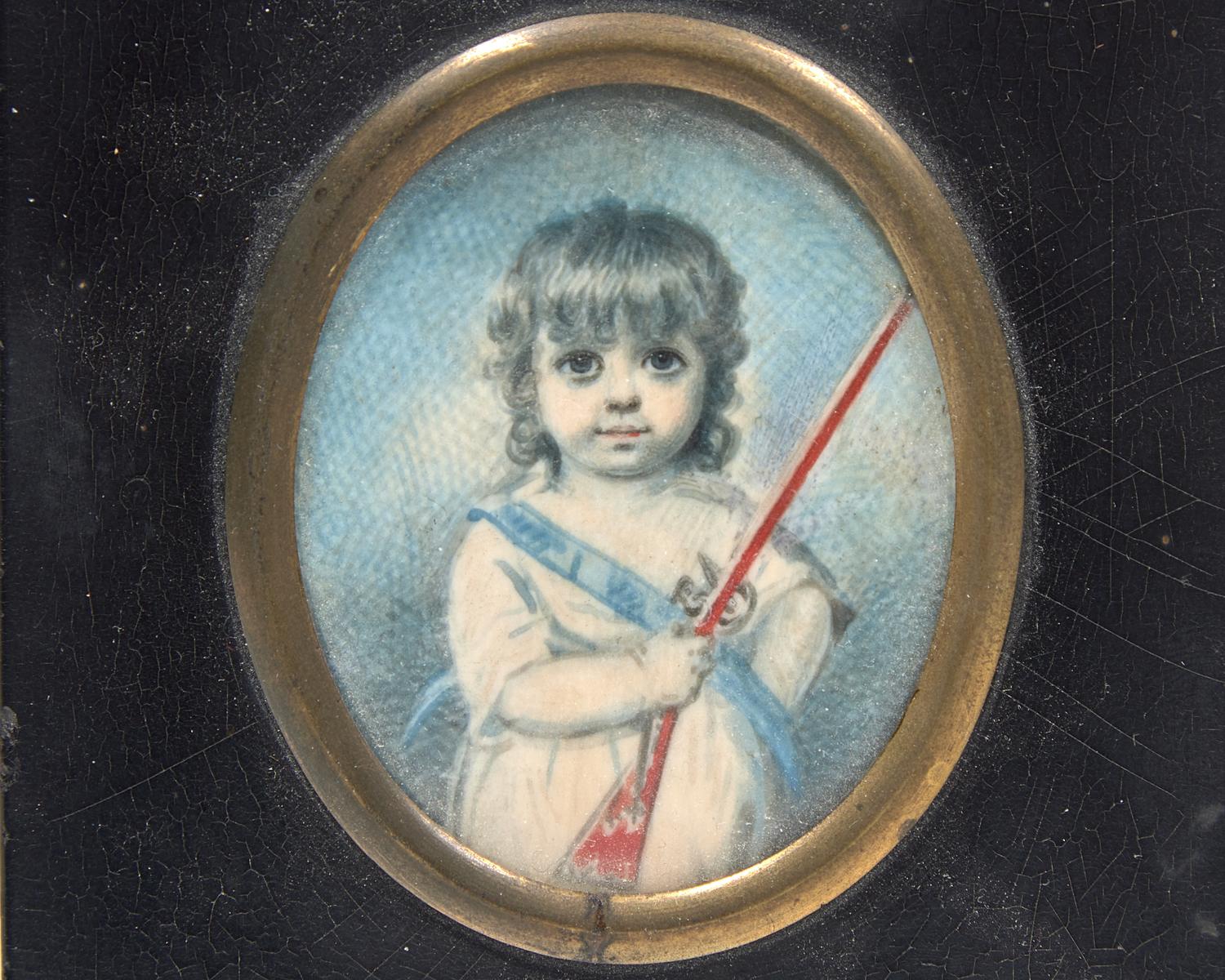 Matthias Finucane (English, Active 1798-1805), A Portrait Miniature Of A Young Child Carrying Red Gun