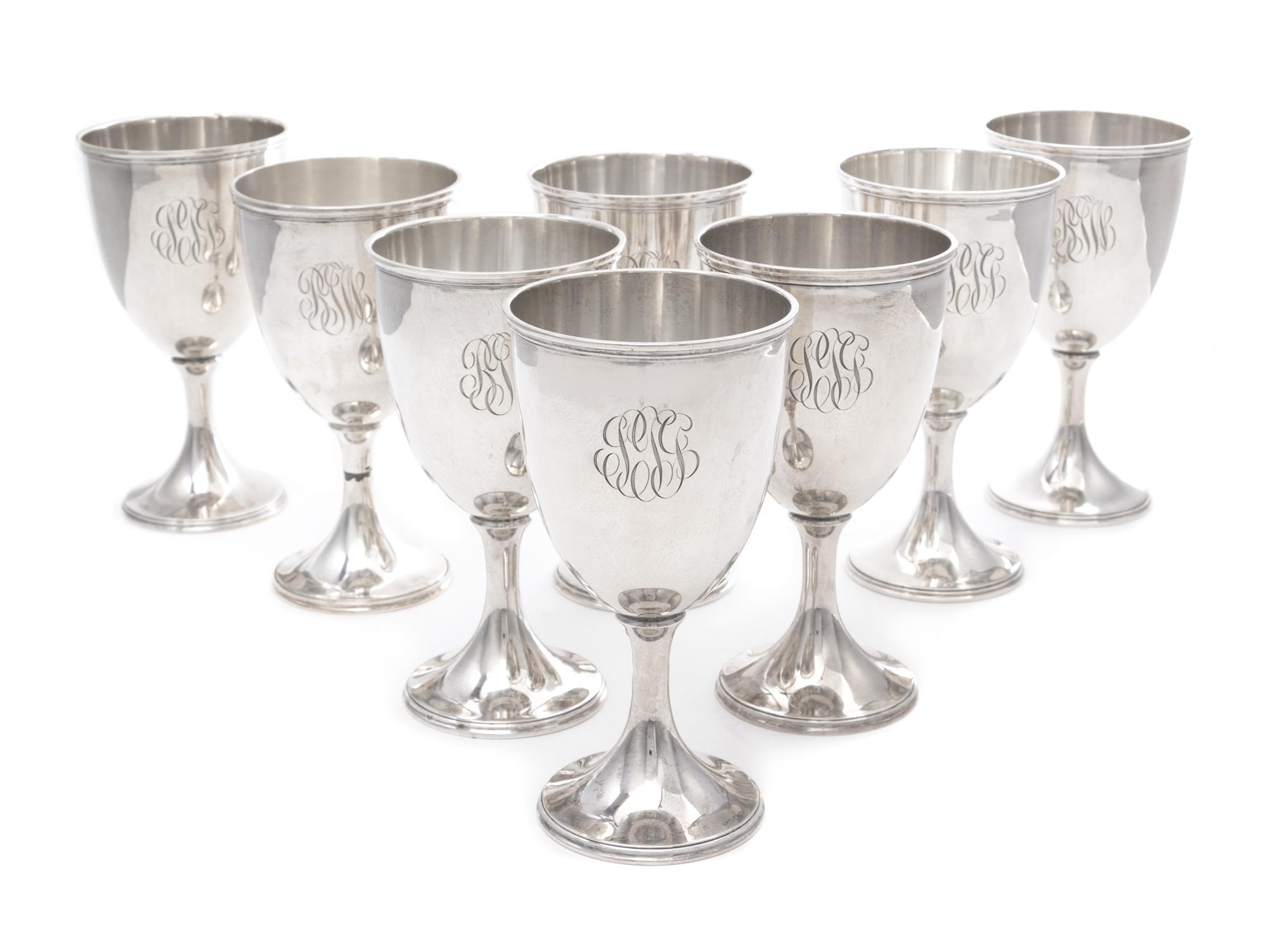 A Set of Eight American Silver Goblets, The Steiff Co., Baltimore, MD, each with engraved monogram PJG.