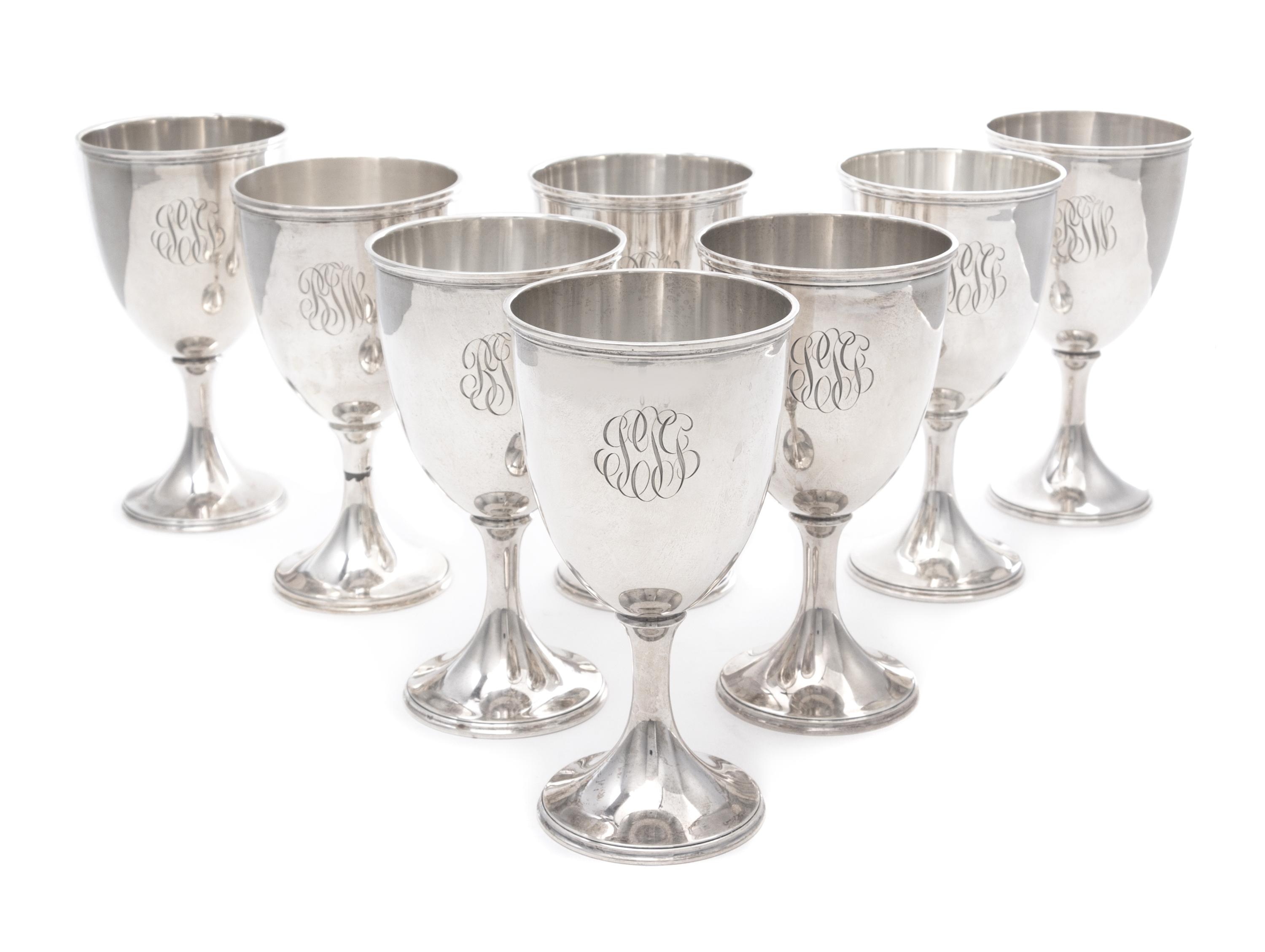 A Set of Eight American Silver Goblets, The Steiff Co., Baltimore, MD, each with engraved monogram PJG.