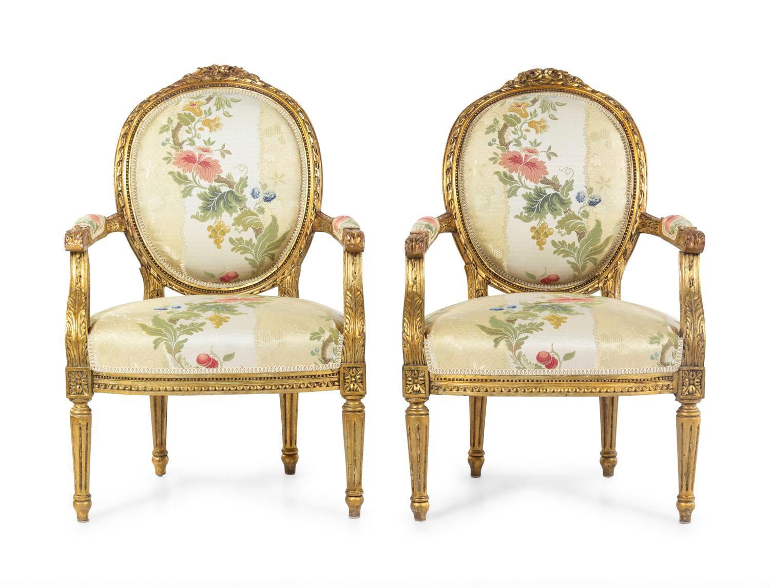 A Pair of Louis XVI Style Giltwood Fauteuils