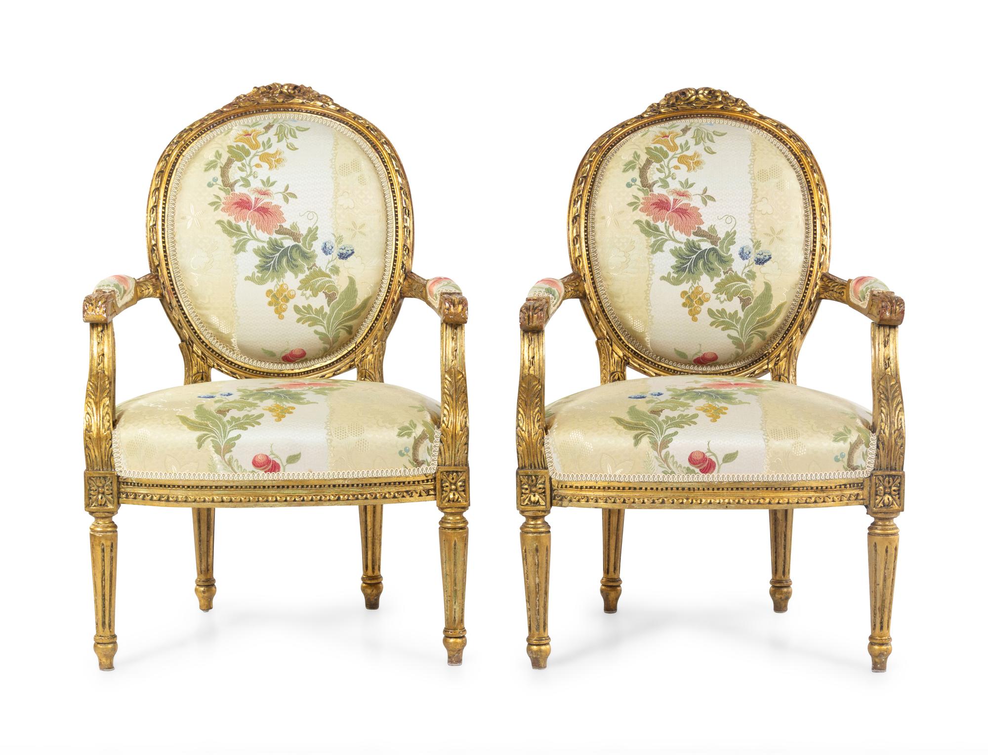A Pair of Louis XVI Style Giltwood Fauteuils