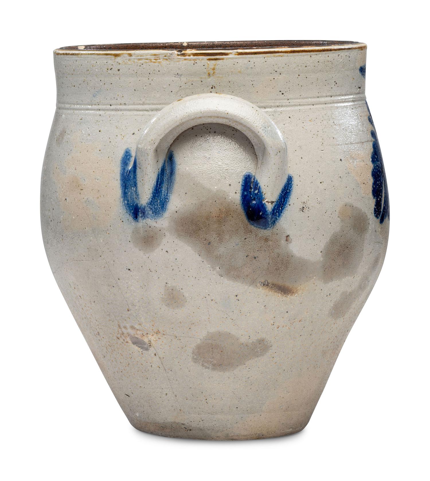 A Daniel Fisk Four Gallon Cobalt Decorated Stoneware Crock