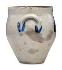 A Daniel Fisk Four Gallon Cobalt Decorated Stoneware Crock