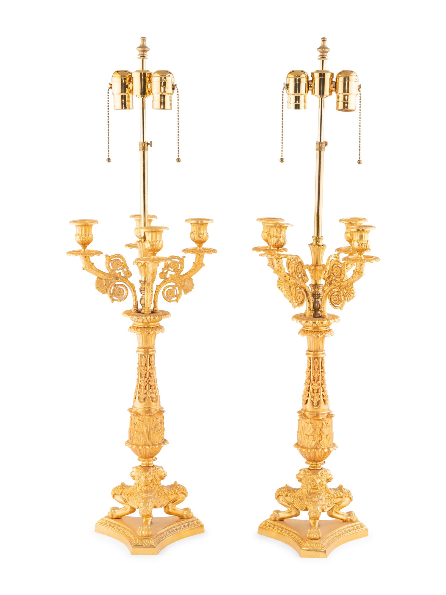 A Pair of Louis Philippe Style Gilt Bronze Candelabra Mounted as Lamps