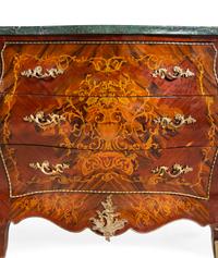 A Pair of Louis XV Style Gilt Metal Mounted Sans Traverse Inlaid Marble-Top Commodes