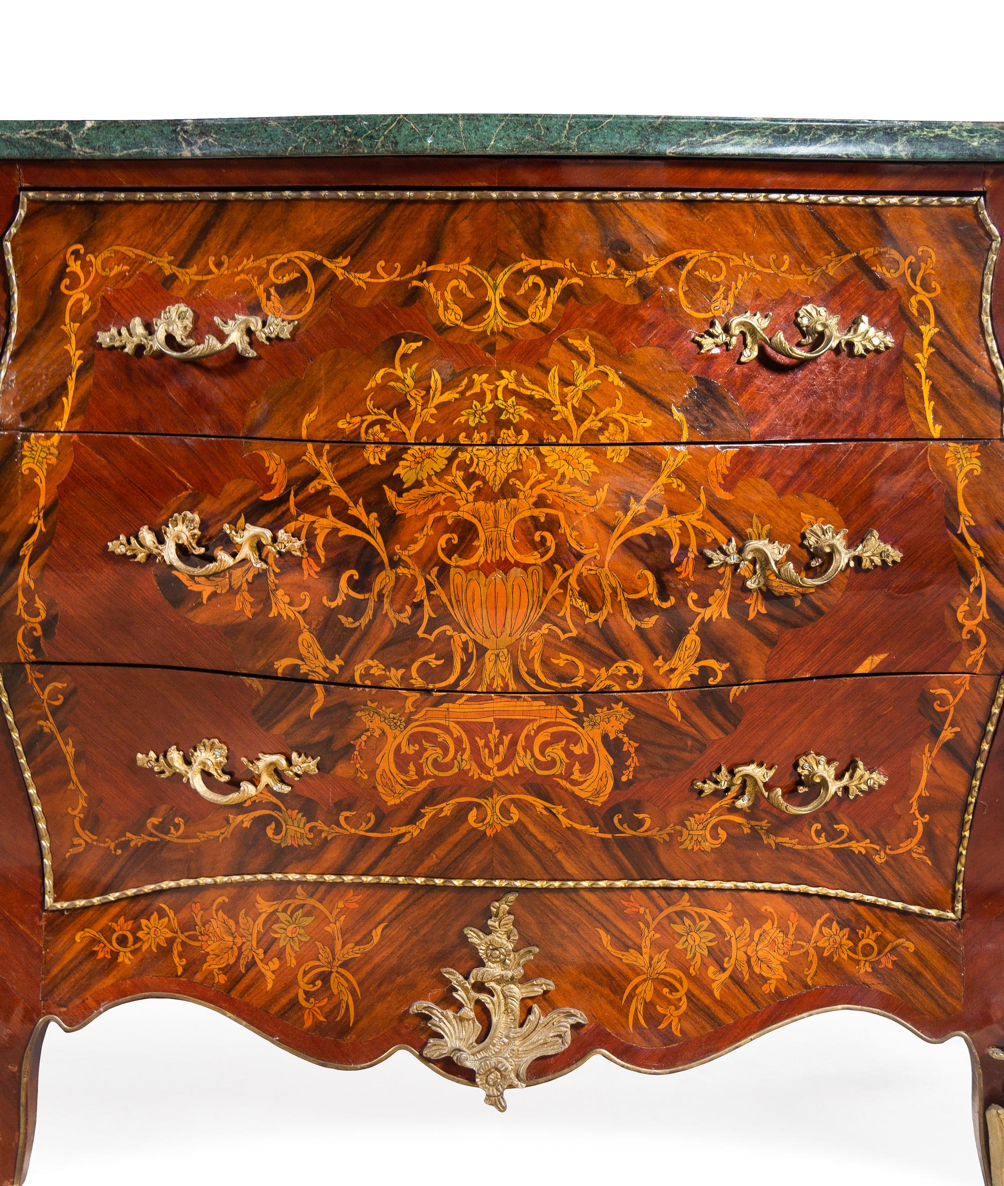 A Pair of Louis XV Style Gilt Metal Mounted Sans Traverse Inlaid Marble-Top Commodes