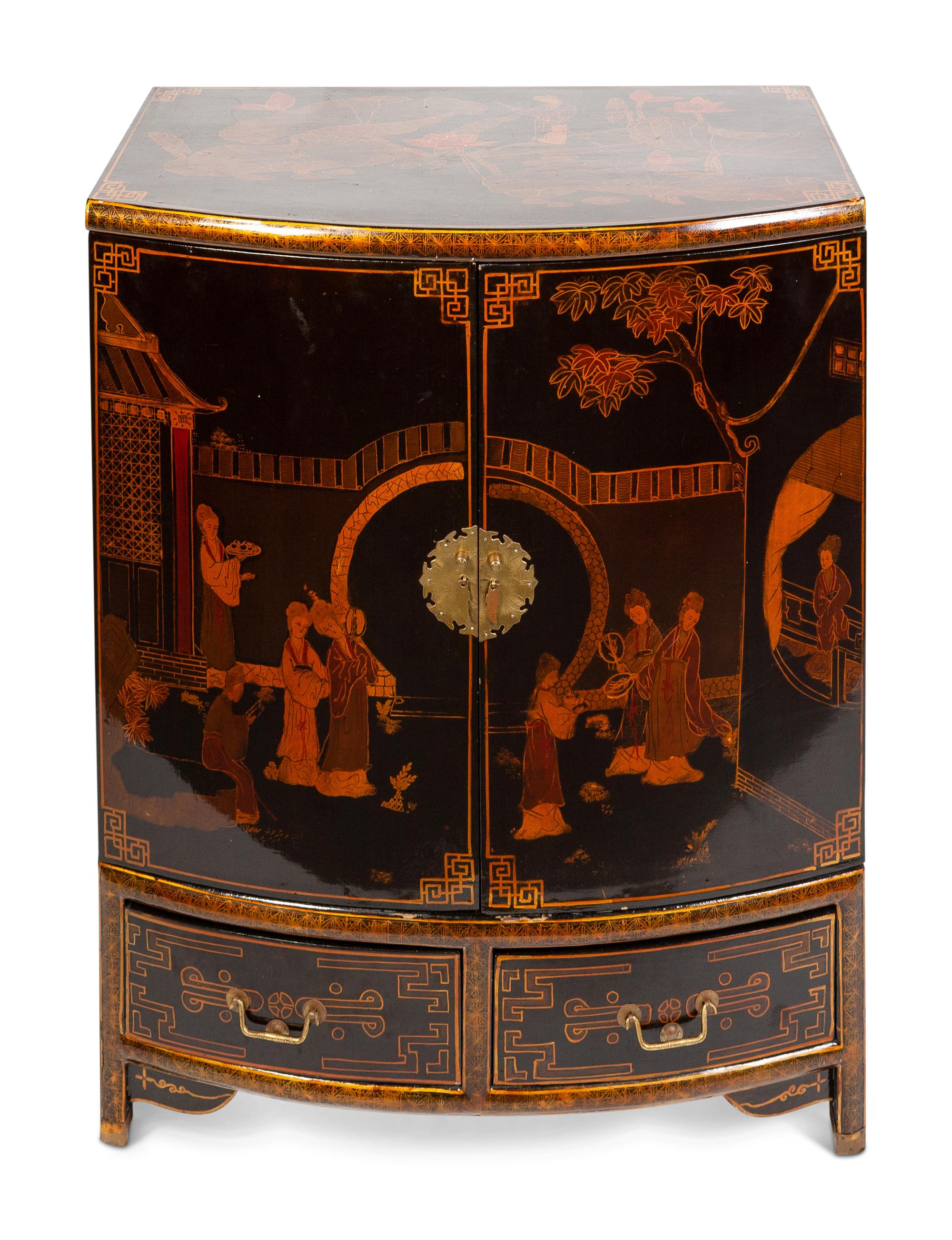 A Regency Style Black Japanned Bow-Front Cabinet