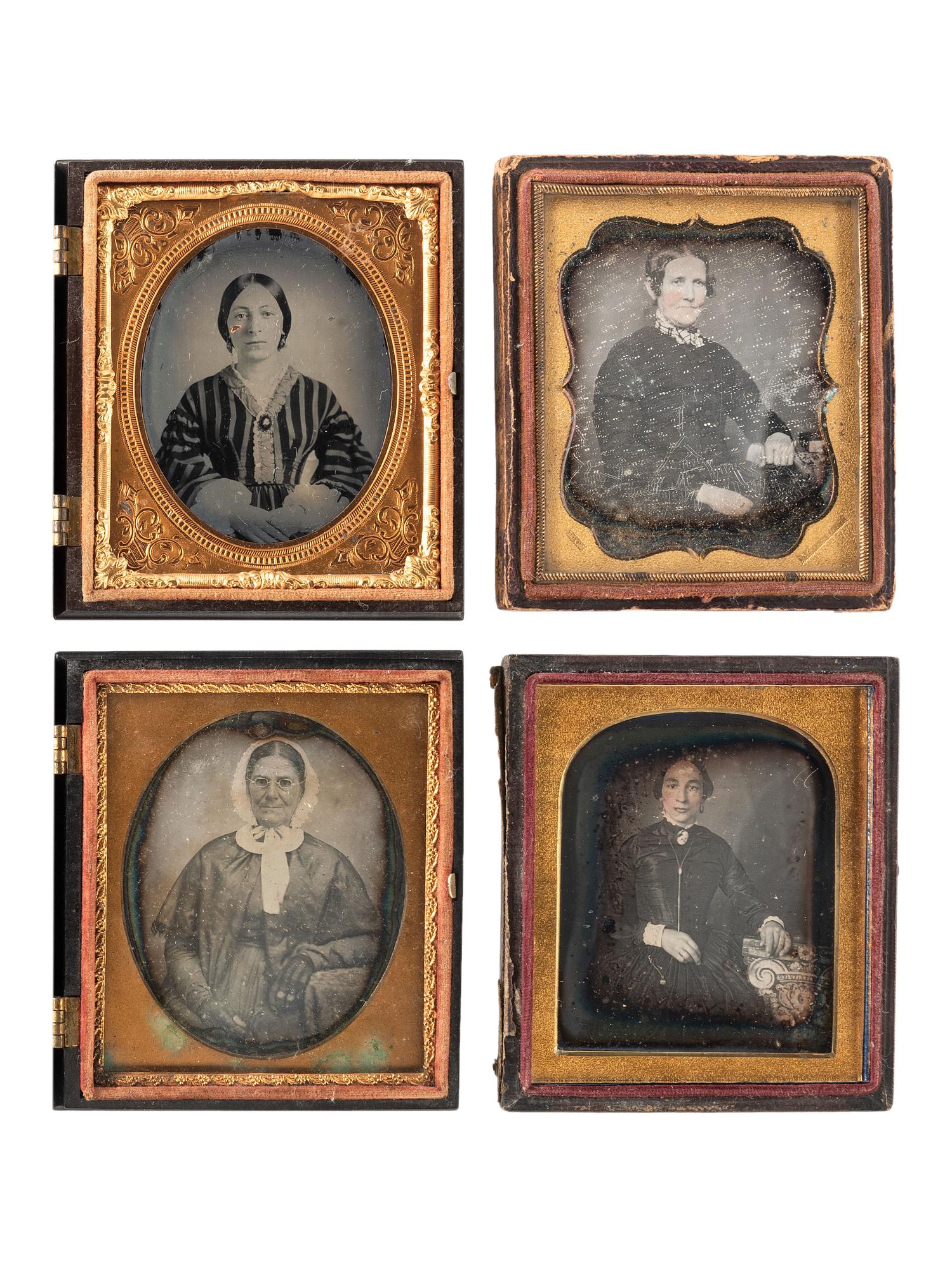 [EARLY PHOTOGRAPHY]. A group of 19 daguerreotypes, ambrotypes, tintypes, and CDVs featuring women, a family, and couples, highlighted by half plate daguerreotype of a young couple.
