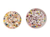 Two American Frit Father Motto Over Speckled Ground Glass Paperweights