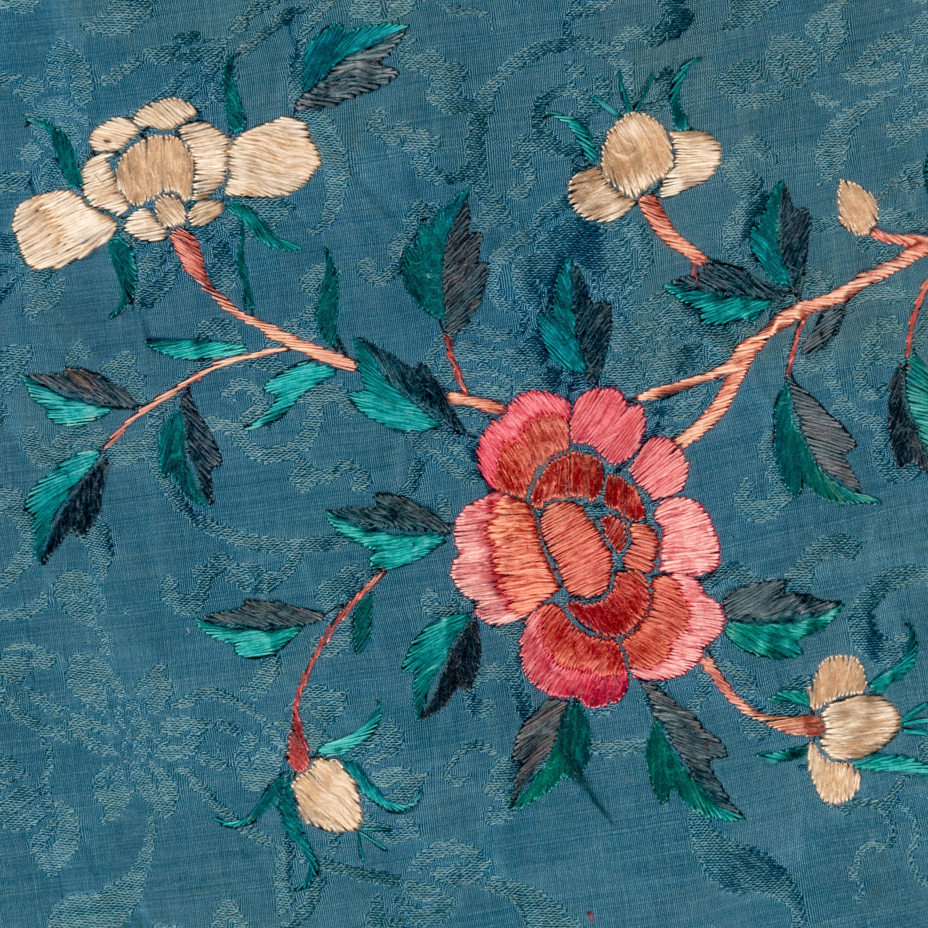 Two Chinese Embroidered Silk Lady's Robes, 19th Century 清晚期 藍地織錦綉花女上衣兩件