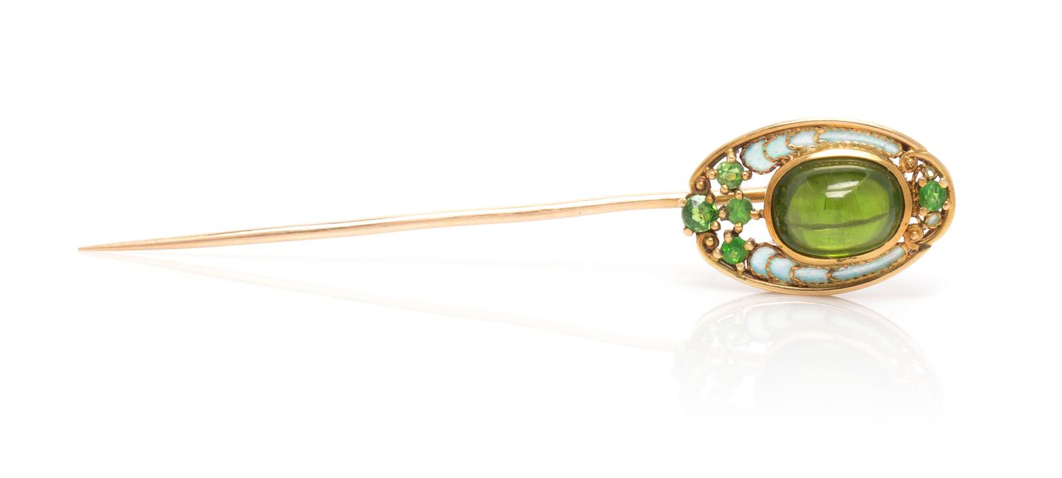 An Art Nouveau Yellow Gold, Peridot, Demantoid Garnet and Plique-a-Jour Enamel Stick Pin, Louis Comfort Tiffany for Tiffany & Co., 3.70