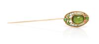 An Art Nouveau Yellow Gold, Peridot, Demantoid Garnet and Plique-a-Jour Enamel Stick Pin, Louis Comfort Tiffany for Tiffany & Co., 3.70