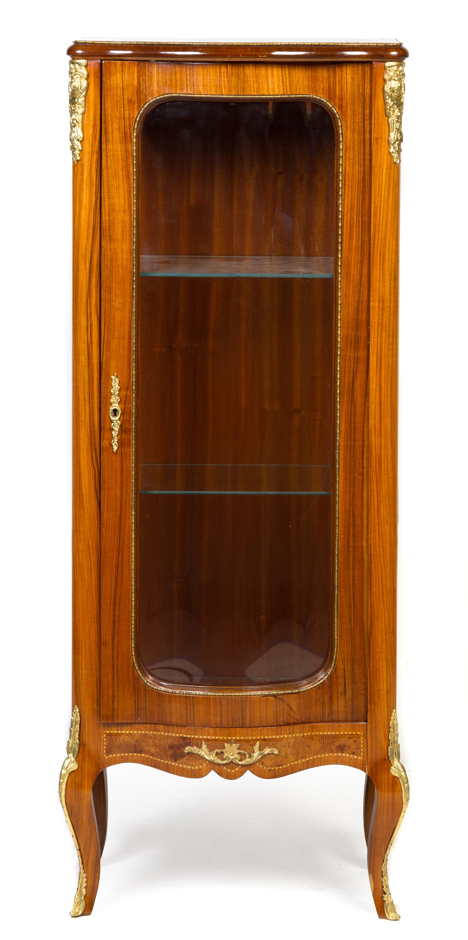 A Louis XV Style Gilt Metal Mounted Fruitwood Vitrine Height 53 x width 20 1/4 x depth 14 inches. — 20TH CENTURY