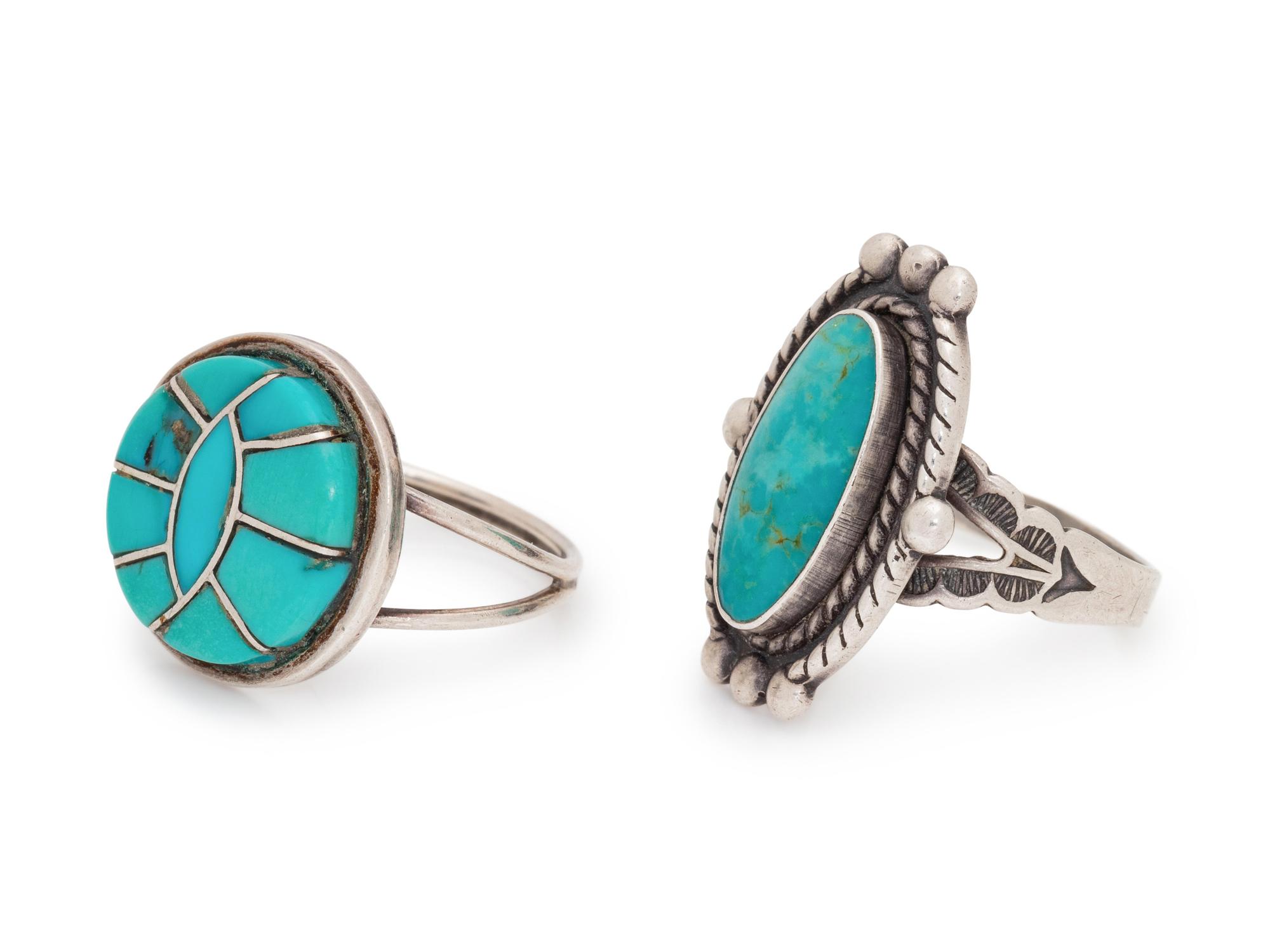A Collection of Sterling Silver and Turquoise Rings,