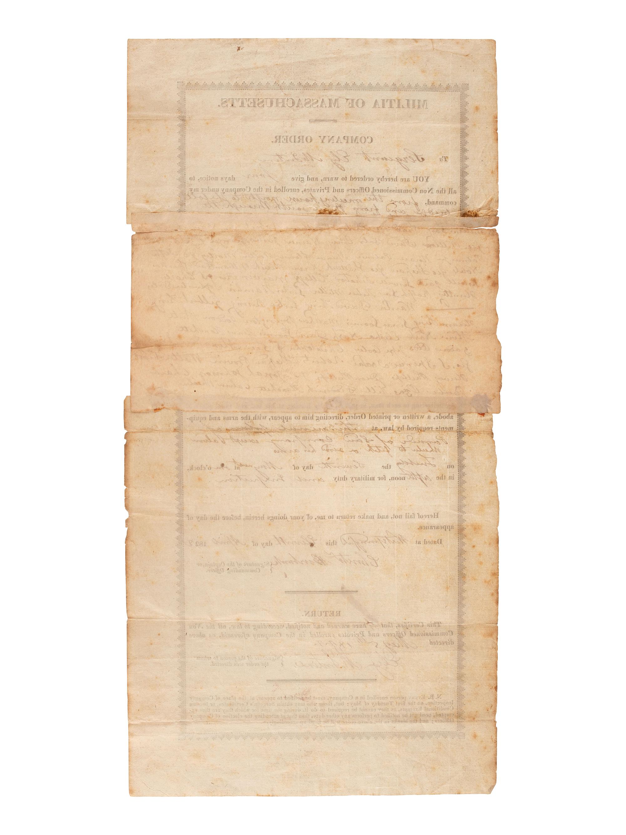[MILITIA]. A group of documents related to nineteenth-century state militias, including broadsides and a War of 1812 appointment signed by Connecticut Governor John Cotton Smith.
