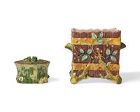 A Majolica Cachepot and Glazed Redware "Faux Bois" Covered Box