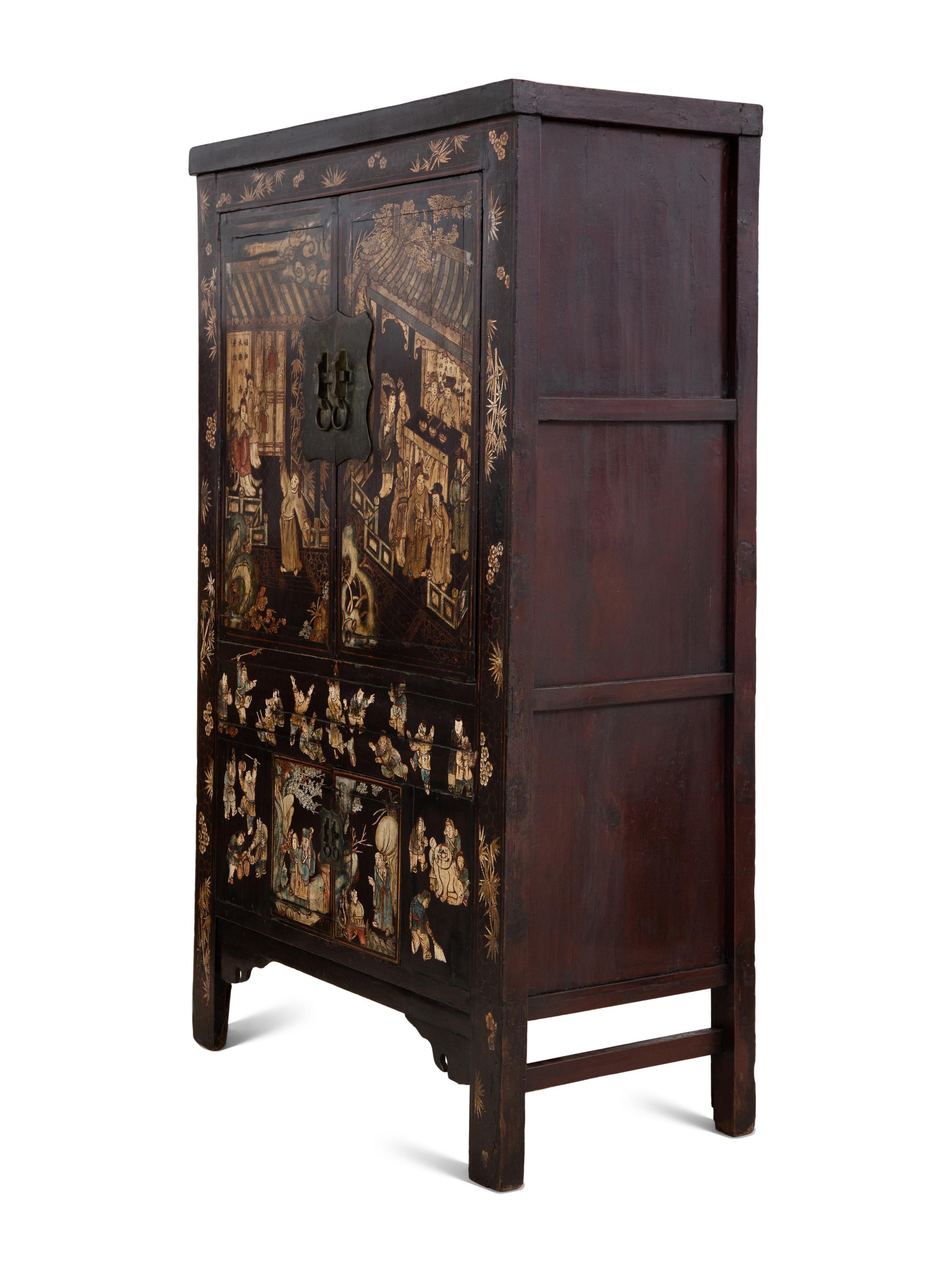 A Chinese Black Lacquer and Polychrome Scholar's Cabinet
