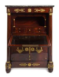 A French Empire Style Gilt Bronze Mounted Mahogany Secretaire a Abattant, EARLY 20TH CENTURY WITH LATER ELEMENTS, Height 56 1/2 x width — EARLY 20TH CENTURY WITH LATER ELEMENTS