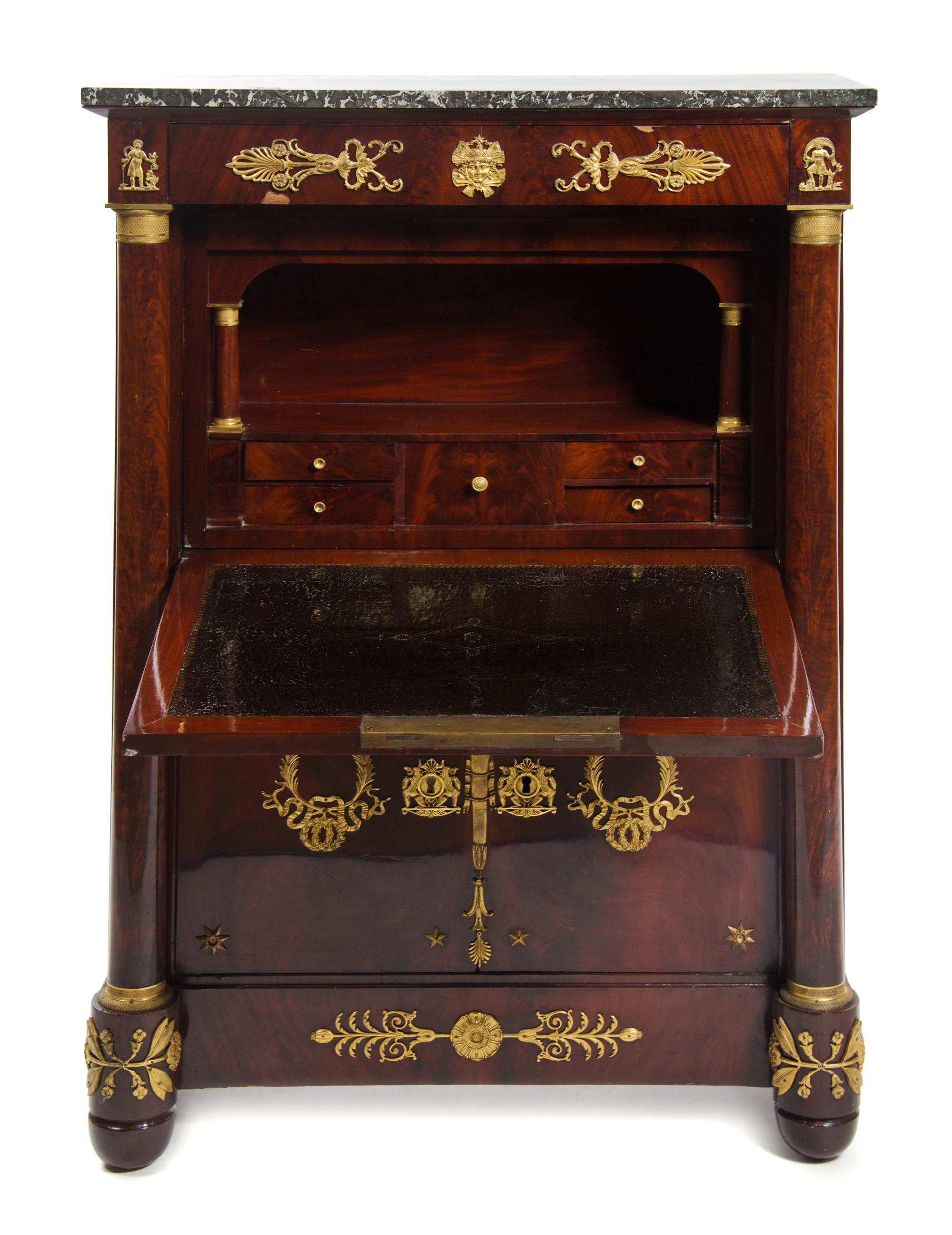 A French Empire Style Gilt Bronze Mounted Mahogany Secretaire a Abattant, EARLY 20TH CENTURY WITH LATER ELEMENTS, Height 56 1/2 x width — EARLY 20TH CENTURY WITH LATER ELEMENTS