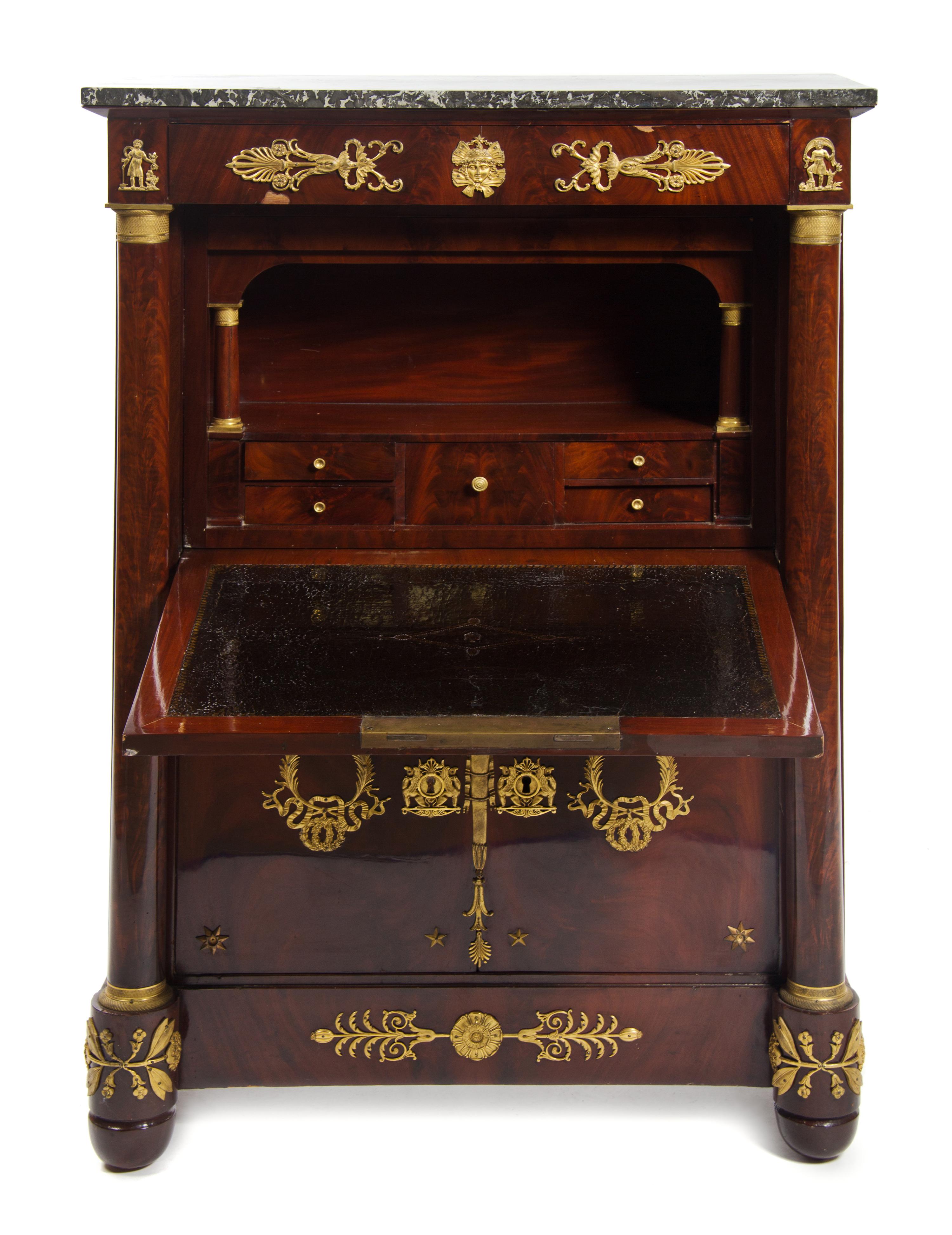 A French Empire Style Gilt Bronze Mounted Mahogany Secretaire a Abattant, EARLY 20TH CENTURY WITH LATER ELEMENTS, Height 56 1/2 x width — EARLY 20TH CENTURY WITH LATER ELEMENTS