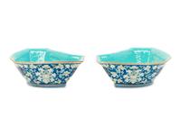 A Pair of Chinese Blue Ground Famille Rose Porcelain Bowls