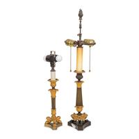 A Group of Two French Empire Style Parcel-Gilt Bronze Candlesticks Mounted as Lamps